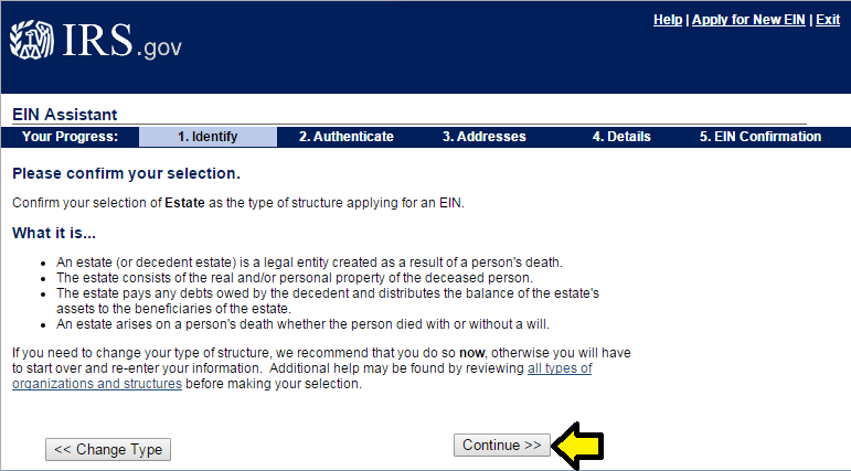 Confirm that you want an EIN for a Decedent's Estate